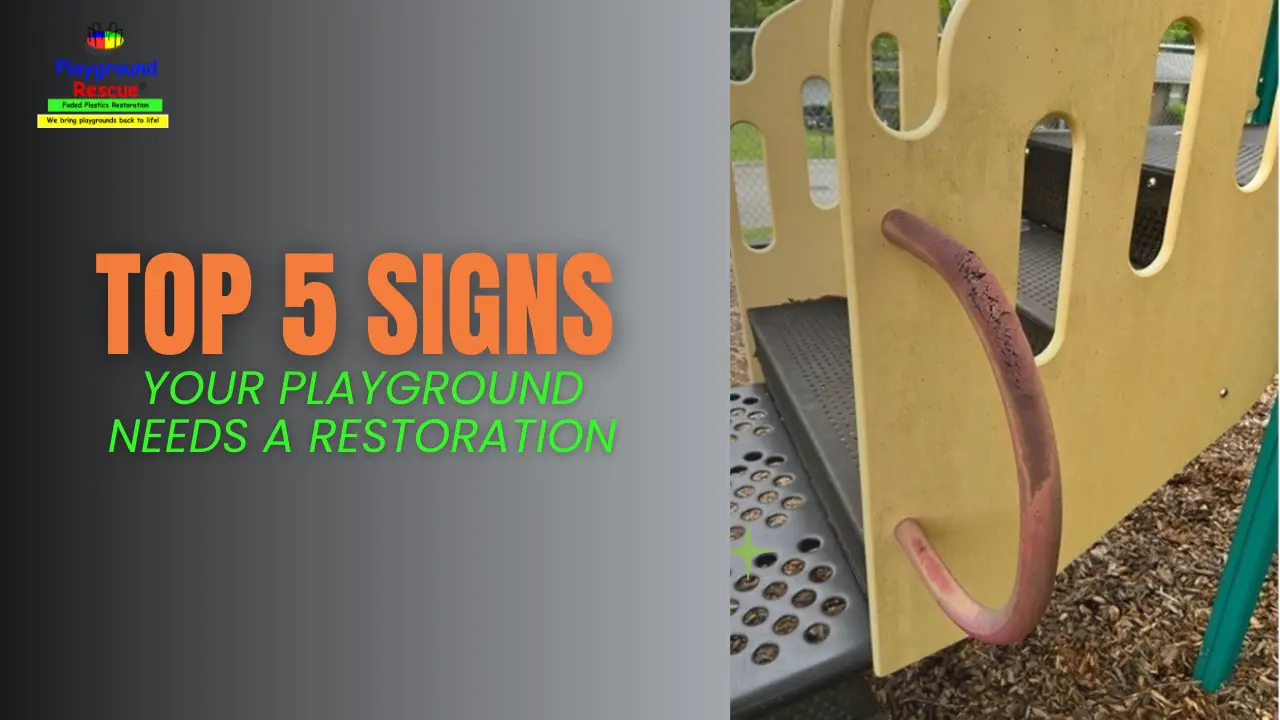 Signs of playground damage, including faded plastic slides, chalky surfaces, and rusted metal parts before professional restoration.